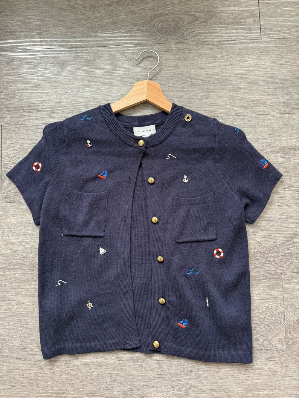 Free People Navy Short-Sleeve Nautical Embroidered Button-Down